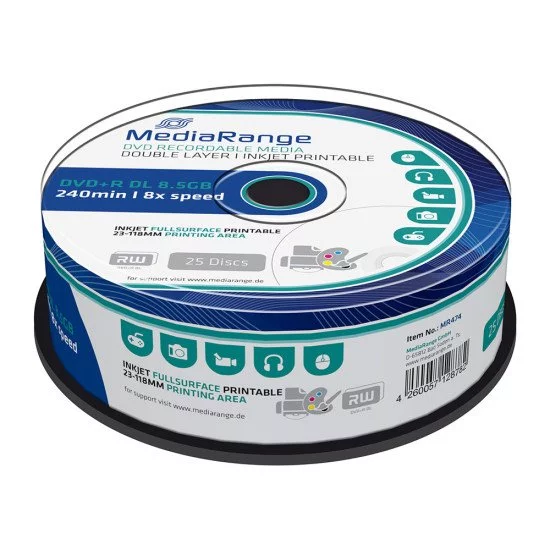 DVD vierge Mediarange DVD+R double couche imprimable 8x (boite de 25) DVD vierge Mediarange DVD+R double couche imprimable 8x (boite de 25)