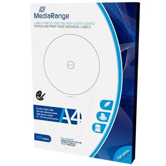 Mediarange étiquettes pour CD/DVD/BDR 15-118mm brillant 100p. Mediarange étiquettes pour CD/DVD/BDR 15-118mm brillant 100p.