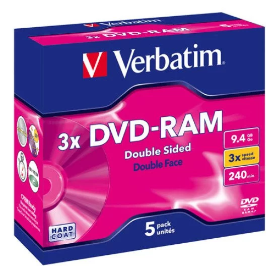 Verbatim DVD-RAM 3x cartouche type-4 double-face 5p. Verbatim DVD-RAM 3x cartouche type-4 double-face 5p.