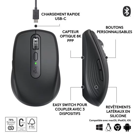 Logitech MX Anywhere 3s B2B souris Droitier RF sans fil + Bluetooth Logitech MX Anywhere 3s B2B souris Droitier RF sans fil + Bluetooth