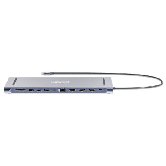 Manhattan Dock/hub USB-C avec lecteur de cartes: audio 3,5 mm, DisplayPort, Ethernet, 2x HDMI, 3x USB-A + 2x USB-C,avec PD 100W - nécessite un chargeur USB-C externe (non inclus).Alimenté par USB (aucune alimentation externe requise) lorsque le PD n'est p