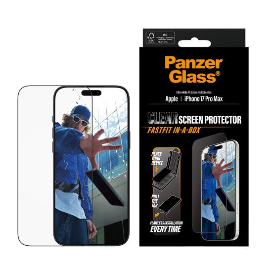 PanzerGlass ® Screen Protector w. Black Frame iPhone 17 Pro Max | Ultra-Wide Fit w. FASTFIT IN-A-BOX Protection d'écran transparent Apple 1 pièce(s) PanzerGlass ® Screen Protector w. Black Frame iPhone 17 Pro Max | Ultra-Wide Fit w. FASTFIT IN-A-BOX Protection d'écran transparent Apple 1 pièce(s)