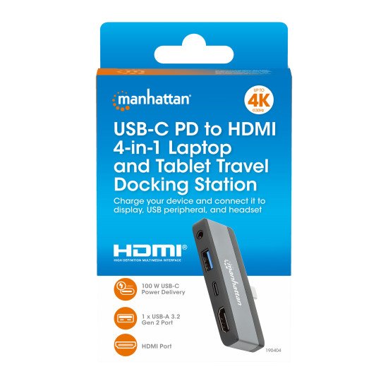 Manhattan Dock/hub de voyage USB-C, 4 ports : HDMI, USB-A, USB-C et audio 3,5 mm, avec Power Delivery (PD) 100 W - nécessite un chargeur USB-C externe (non inclus). Alimenté par USB (aucune alimentation externe requise) lorsque le PD n'est pas utilisé