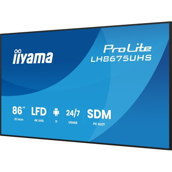 iiyama LH8675UHS-B2AG Écran d'affichage dynamique Écran plat de signalisation numérique 2,17 m (85.6") LCD Wifi 500 cd/m² 4K Ultra HD Noir Intégré dans le processeur Android 11 24/7 iiyama LH8675UHS-B2AG Écran d'affichage dynamique Écran plat de signalisation numérique 2,17 m (85.6") LCD Wifi 500 cd/m² 4K Ultra HD Noir Intégré dans le processeur Android 11 24/7