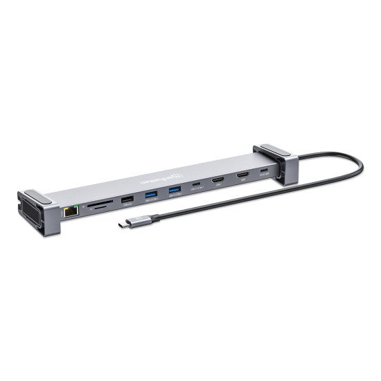 Manhattan Dock/hub USB-C avec lecteur de cartes et MST, 7 ports : Ethernet, 2x HDMI 4K@60Hz, 3x USB-A + USB-C, avec PD 100W - nécessite un chargeur USB-C externe (non inclus). Alimenté par USB (aucune alimentation externe requise) lorsque le PD n'est pas 