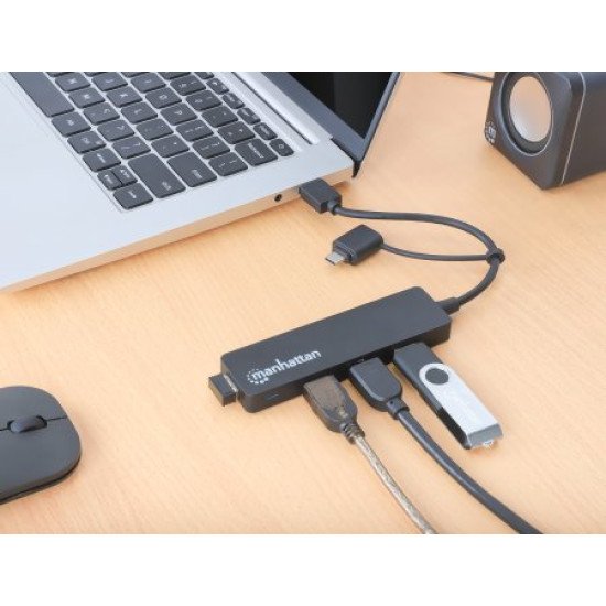 Manhattan Dock/hub combo USB-C & USB-A, 4 ports : 4x USB-A, 5 Gbit/s (USB 3.0), Alimenté par USB (aucune alimentation externe requise)