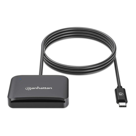 Manhattan Lecteur de cartes à puce à contact USB-C, avec emplacement microSD, connecteur USB-C mâle, compatible avec Windows, macOS et Linux, lit les cartes SIM avec adaptateur, câble de 1 m, noir, garantie de 3 ans