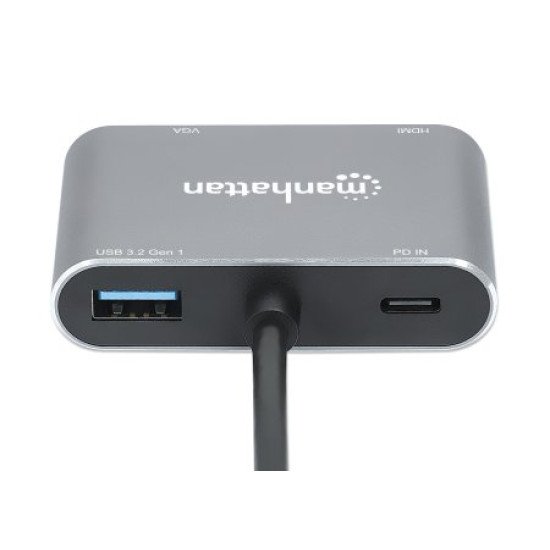Manhattan Dock/hub USB-C, 4 ports : HDMI, USB-A, USB-C et VGA, avec Power Delivery (PD) 87 W - nécessite un chargeur USB-C externe (non inclus). Alimenté par USB (aucune alimentation externe requise) lorsque le PD n'est pas utilisé, aluminium