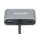 Manhattan Dock/hub USB-C, 4 ports : HDMI, USB-A, USB-C et VGA, avec Power Delivery (PD) 87 W - nécessite un chargeur USB-C externe (non inclus). Alimenté par USB (aucune alimentation externe requise) lorsque le PD n'est pas utilisé, aluminium