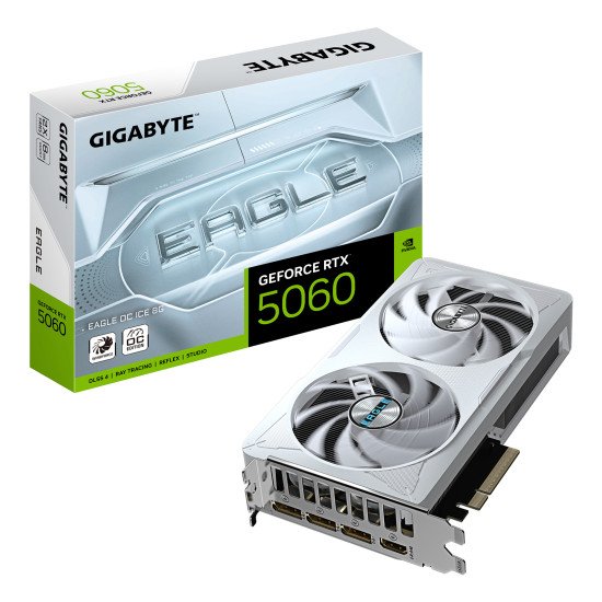GIGABYTE GeForce RTX 5060 EAGLE OC ICE 8G Carte Graphique - 8GB GDDR7, 128bit, PCI-E 5.0, 2550 MHz Fréquence du cœur, 3 x DisplayPort, 1 x HDMI, GV-N5060EAGLEOC ICE-8GD GIGABYTE GeForce RTX 5060 EAGLE OC ICE 8G Carte Graphique - 8GB GDDR7, 128bit, PCI-E 5.0, 2550 MHz Fréquence du cœur, 3 x DisplayPort, 1 x HDMI, GV-N5060EAGLEOC ICE-8GD