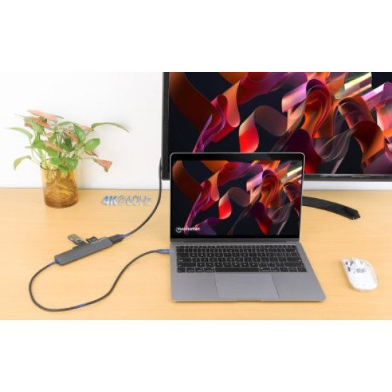Manhattan Dock/hub USB-C avec lecteur de cartes, 5 ports : HDMI, 2x USB-A + 2x USB-C, avec Power Delivery (PD) 100 W - nécessite un chargeur USB-C externe (non inclus). Alimenté par USB (aucune alimentation externe requise) lorsque le PD n'est pas utilisé
