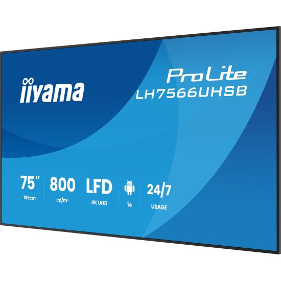 iiyama LH7566UHSB-B1AG Écran d'affichage dynamique Écran plat de signalisation numérique 190,5 cm (75") LCD Wifi 800 cd/m² 4K Ultra HD Noir Intégré dans le processeur Android 24/7