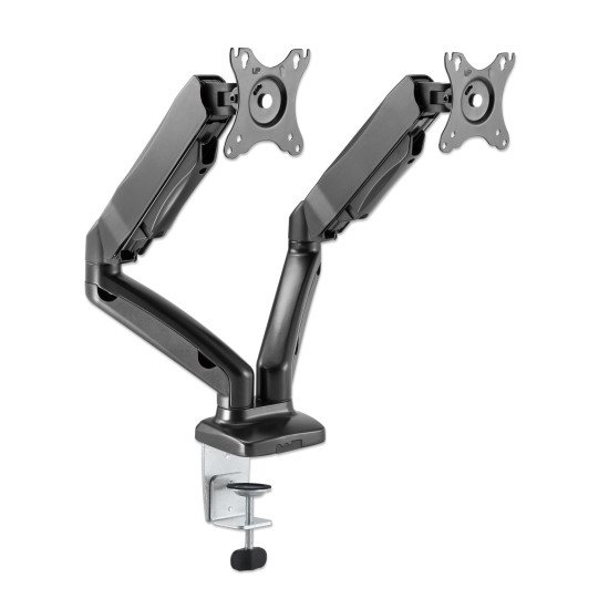 Manhattan Support de bureau double pour TV/moniteurs (bras à ressort à Bras articulé), écrans 10" à 27", fixation à l'arrière par pince ou passe-câble, Compatibilité VESA : 75x75 et 100x100 mm (vérifiez les dimensions des quatre trous de fixatio