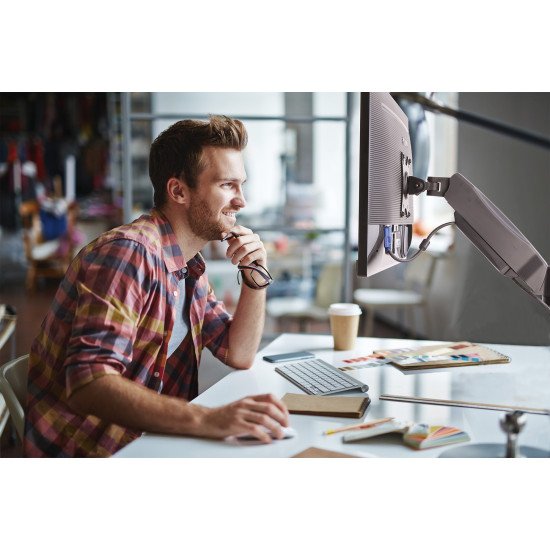 Manhattan Support de bureau pour TV/moniteurs (bras à ressort à Bras articulé), écrans 13" à 27", fixation à l'arrière par pince ou passe-câble, Compatibilité VESA : 75x75 et 100x100 mm (vérifiez les dimensions des quatre trous de fixation à l'a