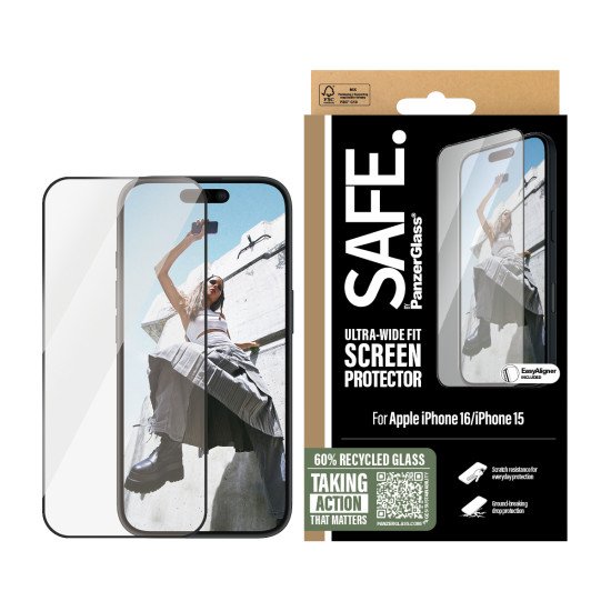 PanzerGlass SAFE. by ® Screen Protection w. Black Frame iPhone 16 | 15 | Ultra-Wide Fit Protection d'écran transparent Apple 1 pièce(s)