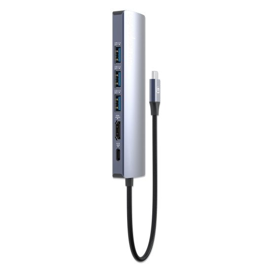 Manhattan Dock/hub USB-C, 6 ports : Ethernet, HDMI, 3x USB-A + USB-C, avec Power Delivery (PD) 100 W - nécessite un chargeur USB-C externe (non inclus). Alimenté par USB (aucune alimentation externe requise) lorsque le PD n'est pas utilisé