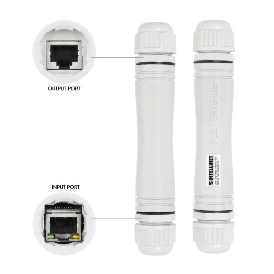 Intellinet Kit extendeur PoE+ extérieur très longue portée Fast Ethernet, étend le PoE jusqu'à 1000 m, 1 port PD jusqu'à 95 W, compatible IEEE 802.3bt (4PPoE), IP67, lot de 2 modules, plastique, gris, Alimentation par Ethernet, Power Over Ethernet, garant