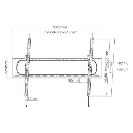 Manhattan Support mural pour TV/moniteurs (inclinable), écrans 60" à 120", Compatibilité VESA : de 50x50 à 900x600 mm (vérifiez les dimensions des quatre trous de fixation à l'arrière), charge max. 120 kg, noir