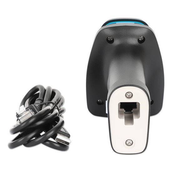 Manhattan Scanner de codes-barres LED 2D longue portée, USB, profondeur de lecture 450 mm, luminosité ambiante max. 100 000 lux, compatible codes 1D et 2D, câble RJ45 vers USB-A 1,8 m, noir, garantie 3 ans