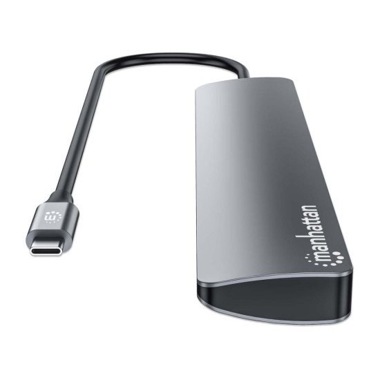 Manhattan Dock/hub USB-C, 7 ports : 3x USB-A + 4x USB-C, Pavec Power Delivery (PD) 100 W - nécessite un chargeur USB-C externe (non inclus). Alimenté par USB (aucune alimentation externe requise) lorsque le PD n'est pas utilisé, aluminium
