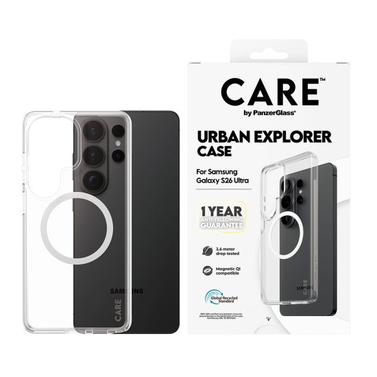 PanzerGlass CARE™ by ® Urban Explorer Case Transparent w. White Qi Samsung Galaxy S26 Ultra coque de protection pour téléphones portables Housse