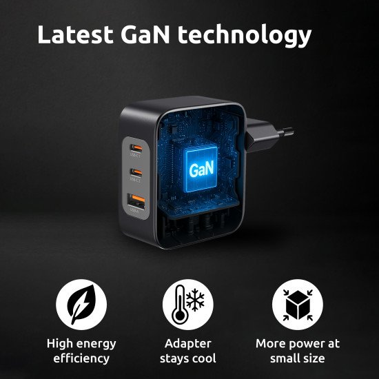 Intenso W100ACC+C520C, Ensemble adaptateur secteur + câble de charge, 100 W, charge rapide, technologie GaN, charge simultanée de 3 appareils, noir