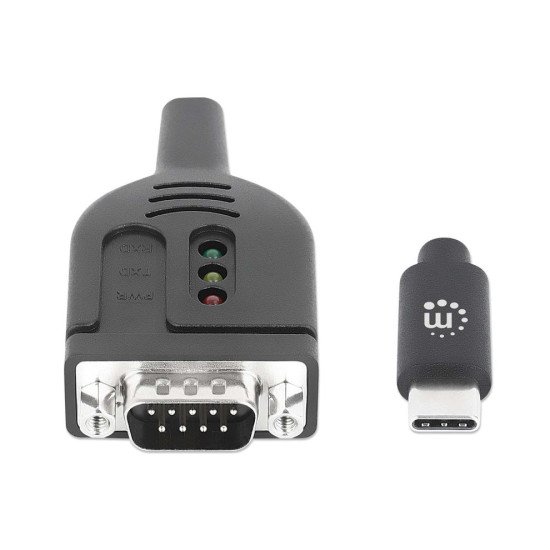 Manhattan Câble convertisseur USB-C vers série RS232/COM/DB9, 1 m, mâle à mâle, puce Prolific PL2303GT, noir, garantie 3 ans