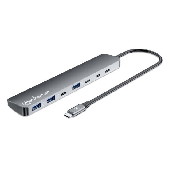 Manhattan Dock/hub USB-C, 7 ports : 3x USB-A + 4x USB-C, Pavec Power Delivery (PD) 100 W - nécessite un chargeur USB-C externe (non inclus). Alimenté par USB (aucune alimentation externe requise) lorsque le PD n'est pas utilisé, aluminium