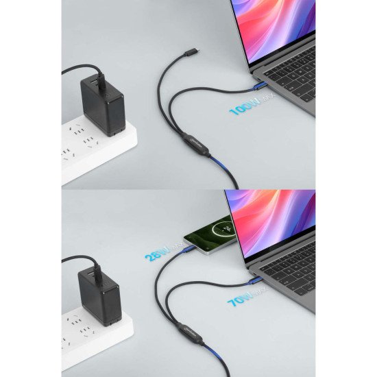 Manhattan Câble de charge USB-C vers USB-C double, répartiteur intelligent, 100 W, 2 m, charge deux appareils depuis un port USB-C PD, gaine tressée, noir, garantie 3 ans