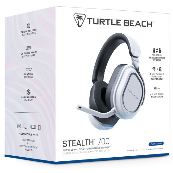 Turtle Beach Casque gaming amplifié multiplateforme sans fil Stealth 700 pour PS5, PS4, PC et mobile - Haut-parleurs 60 mm, microphone avec isolation acoustique par l'IA, Bluetooth, autonomie 80 heures, deux émetteurs - Blanc Turtle Beach Casque gaming amplifié multiplateforme sans fil Stealth 700 pour PS5, PS4, PC et mobile - Haut-parleurs 60 mm, microphone avec isolation acoustique par l'IA, Bluetooth, autonomie 80 heures, deux émetteurs - Blanc