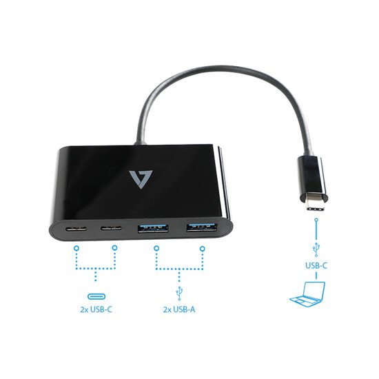 V7 USB-C mâle vers USB-A femelle x 2, hub USB-C femelle USB 3.2 Gen1 5 Gbit/s x 2 noir