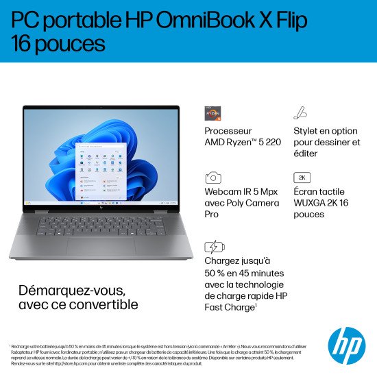 HP OmniBook X FlipNGAI 16-ar0771nb Copilot+ PC AMD Ryzen AI 7 350 Hybride (2-en-1) 40,6 cm (16") Écran tactile 2K 16 Go LPDDR5x-SDRAM 1 To SSD Wi-Fi 6E (802.11ax) Windows 11 Home Argent