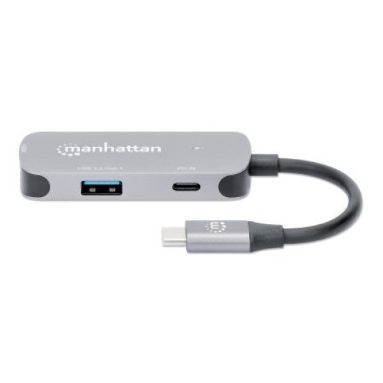 Manhattan Dock/hub USB-C, 3 ports : HDMI, USB-A, USB-C, avec Power Delivery (PD) 100 W - nécessite un chargeur USB-C externe (non inclus). Alimenté par USB (aucune alimentation externe requise) lorsque le PD n'est pas utilisé, aluminium