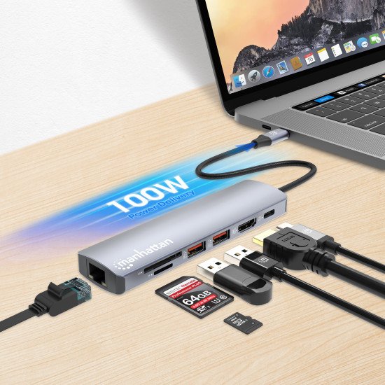 Manhattan Dock/hub USB-C avec lecteur de cartes, 5 ports : Ethernet, HDMI, 2x USB-A + USB-C, avec Power Delivery (PD) 100 W - nécessite un chargeur USB-C externe (non inclus). Alimenté par USB (aucune alimentation externe requise) lorsque le PD n'est pas 