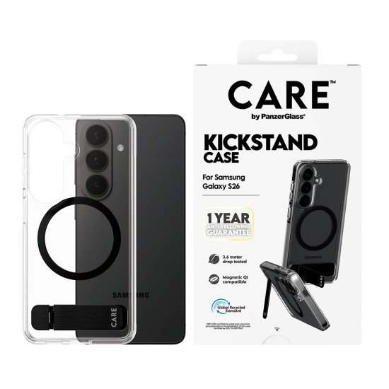 PanzerGlass CARE™ by ® Urban Explorer Case Transparent w. Black Kickstand & Qi Samsung Galaxy S26 coque de protection pour téléphones portables Housse