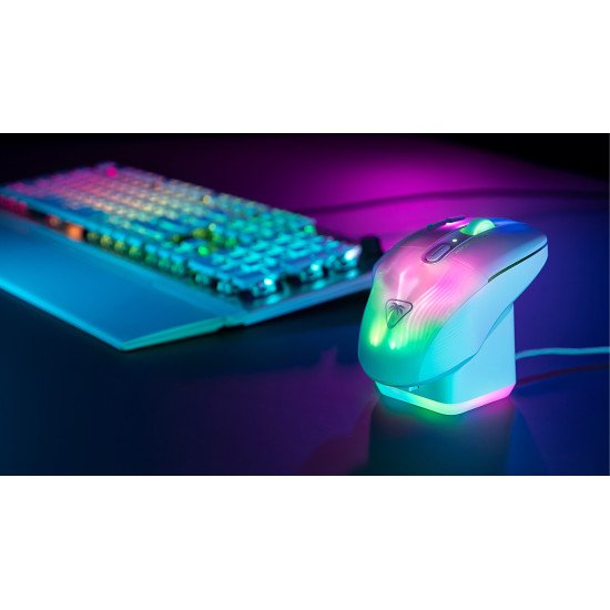 Turtle Beach Kone XP Air - Souris gaming RGB ergonomique, personnalisable et sans fil, Bluetooth, capteur optique 19 000 DPI, autonomie de batterie de 100 heures, station de charge, 29 entrées programmables, éclairage AIMO RGB, molette 4D Blanc