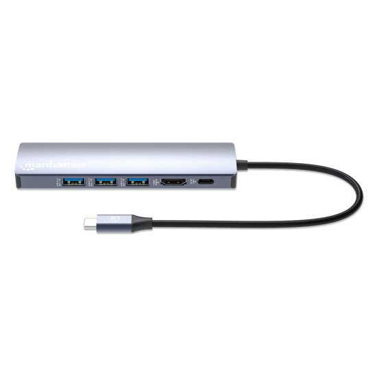 Manhattan Dock/hub USB-C, 6 ports : Ethernet, HDMI, 3x USB-A + USB-C, avec Power Delivery (PD) 100 W - nécessite un chargeur USB-C externe (non inclus). Alimenté par USB (aucune alimentation externe requise) lorsque le PD n'est pas utilisé