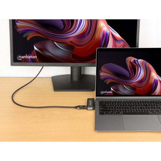 Manhattan Dock/hub de voyage USB-C, 4 ports : HDMI, USB-A, USB-C et audio 3,5 mm, avec Power Delivery (PD) 100 W - nécessite un chargeur USB-C externe (non inclus). Alimenté par USB (aucune alimentation externe requise) lorsque le PD n'est pas utilisé