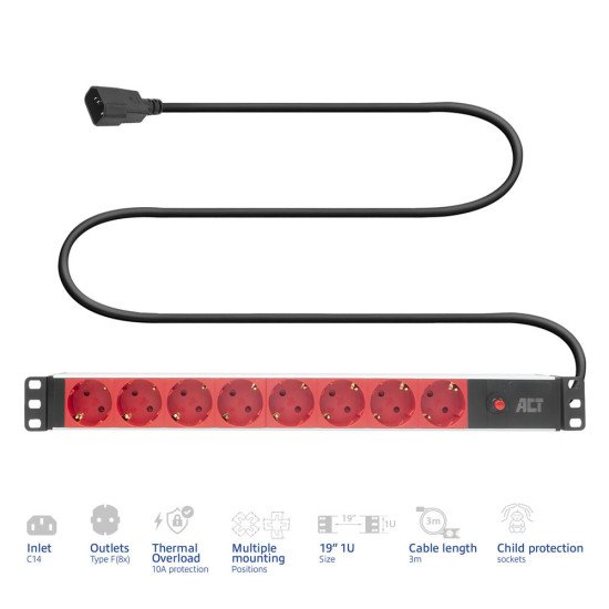 ACT Rallonge PDU 19" C14 IEC60320 avec 8 prises de type F, 3m H05VV-F 3G1.0 ACT Rallonge PDU 19" C14 IEC60320 avec 8 prises de type F, 3m H05VV-F 3G1.0