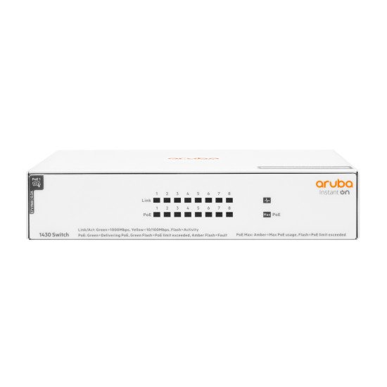 HPE Aruba Instant On 1430 8G Class4 PoE 64W Non-géré L2 Gigabit Ethernet (10/100/1000) Connexion Ethernet, supportant l'alimentation via ce port (PoE) Blanc