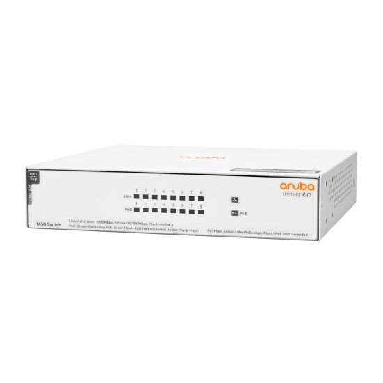 HPE Aruba Instant On 1430 8G Class4 PoE 64W Non-géré L2 Gigabit Ethernet (10/100/1000) Connexion Ethernet, supportant l'alimentation via ce port (PoE) Blanc