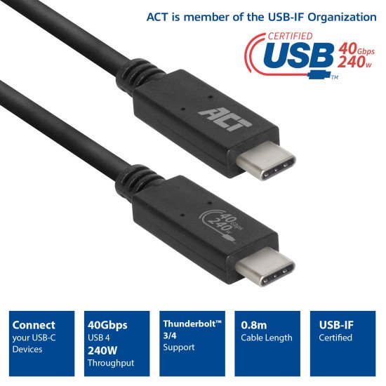 ACT AC7451 câble USB 0,8 m USB4 Gen 3x2 USB C Noir
