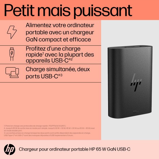 HP Chargeur pour ordinateur portable 65 W GaN USB-C