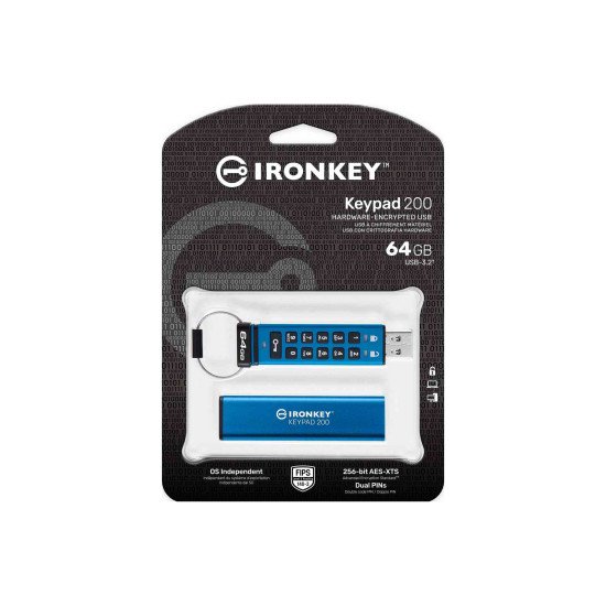 Kingston Technology IronKey Keypad 200 lecteur USB flash 64 Go USB Type-A 3.2 Gen 1 (3.1 Gen 1) Bleu