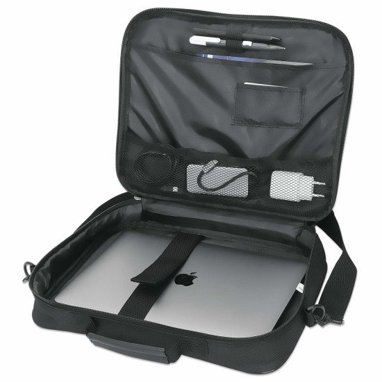 Manhattan Sacoche PC portable Cambridge 14,1", clamshell, noire, ÉCONOMIQUE, poche accessoires, compartiment documents, bandoulière amovible, équiv. Targus CN313/CN414EU, garantie 3 ans