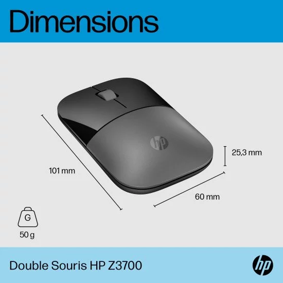 HP Souris sans fil Z3700, Ambidextre, Blue LED, RF sans fil, 1200