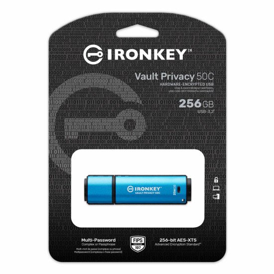 Kingston Technology IronKey VP50 lecteur USB flash 256 Go USB Type-C 3.2 Gen 1 (3.1 Gen 1) Noir, Bleu