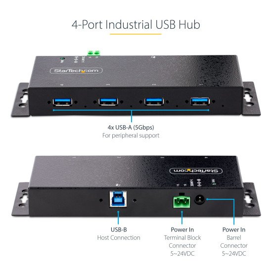 StarTech.com Hub USB 3.0 5Gbps à 4 Ports Industriel - Hub USB pour PC Portable avec Protection contre les Surtensions - Splitter USB 3.0 Montable sur Mur - Station de Charge USB à Verrouillage, Gros Calibre