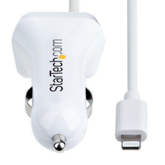 StarTech.com Chargeur Voiture Lightning avec Câble Spiralé - Chargeur Iphone 1m - Double Chargeur USB pour Telephones et Tablettes pour la Voiture - Chargeur Auto Blanc de 12W