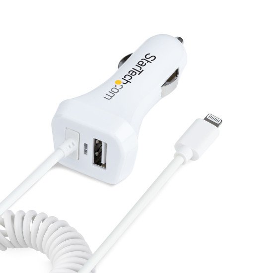 StarTech.com Chargeur Voiture Lightning avec Câble Spiralé - Chargeur Iphone 1m - Double Chargeur USB pour Telephones et Tablettes pour la Voiture - Chargeur Auto Blanc de 12W